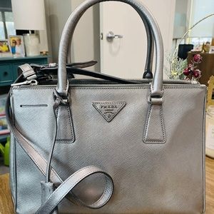 Prada Silver Saffiano Leather Metallic Galleria Handbag
